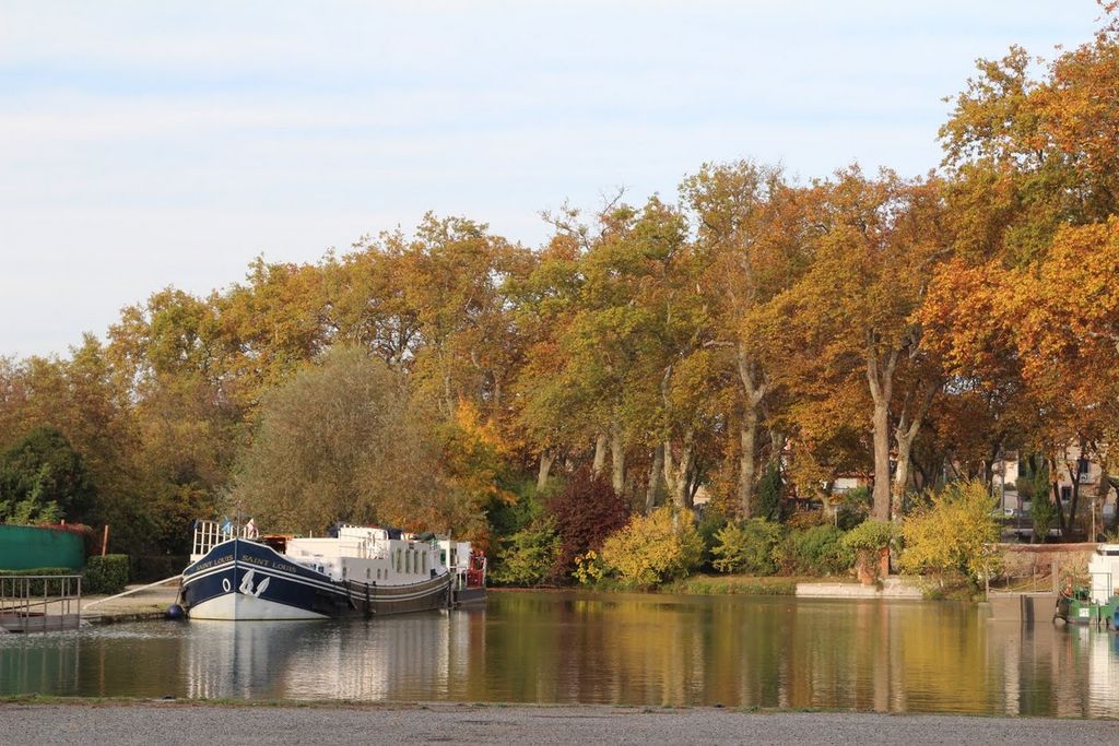 a boat is docked near the shore in autumn
