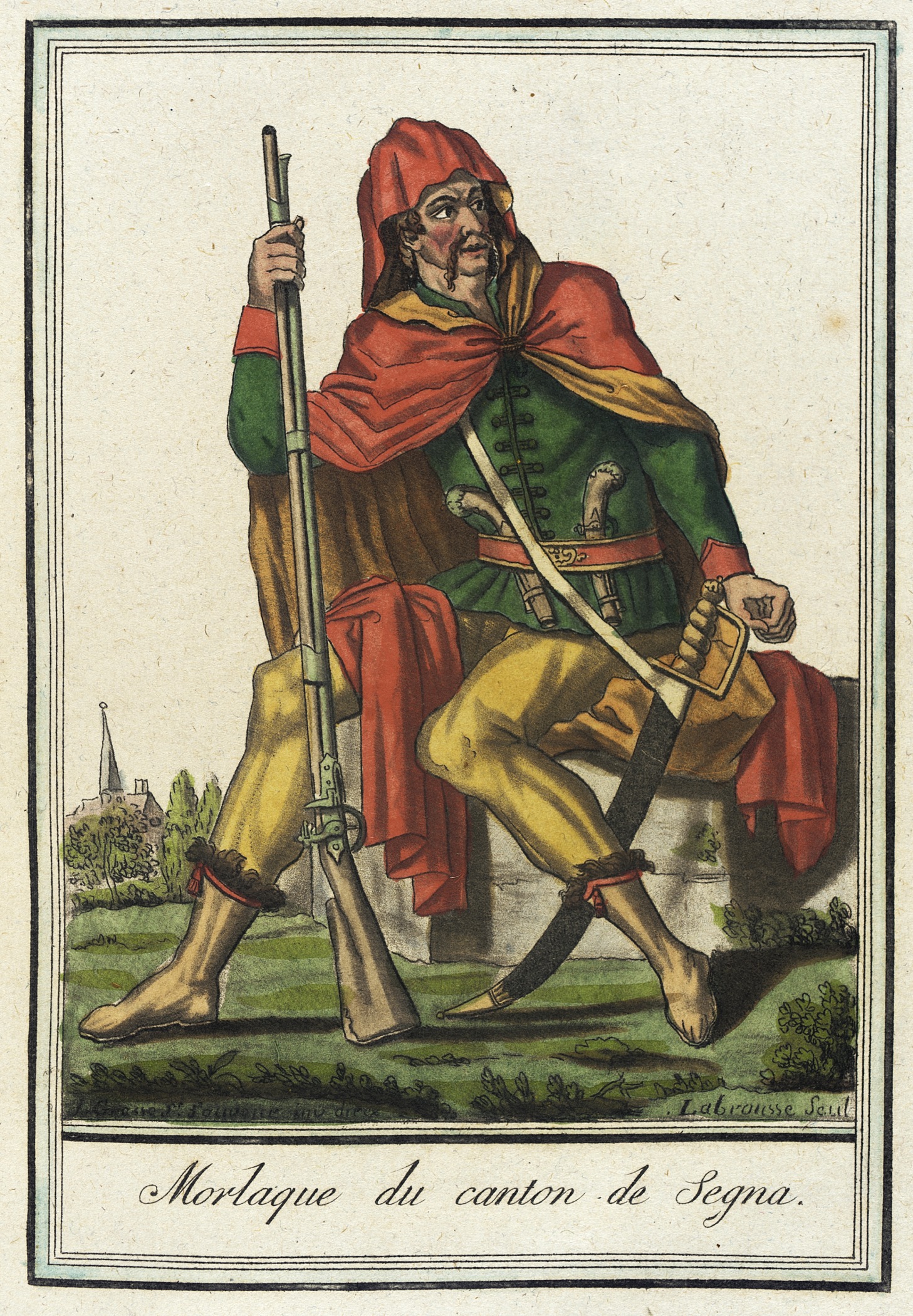 a painting shows a man with a rifle