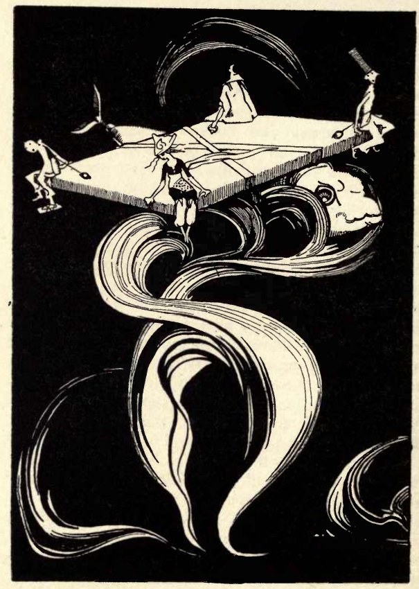 a black and white drawing with a boat and people floating in the water