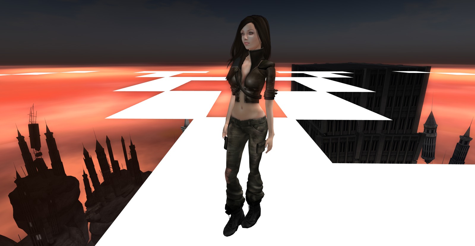 a virtual woman walking towards a building, a futuristic city