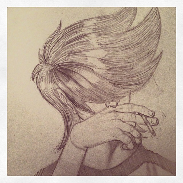 a pencil drawing of a girl with her hair curled up