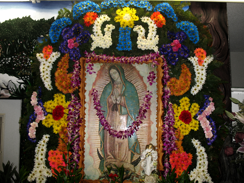 an image of the virgin mary surrounded by many flowers