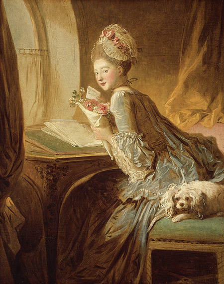 a painting of a girl in blue dress sitting next to a white dog