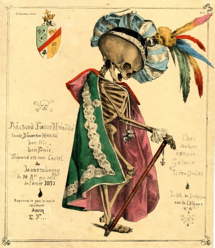 a drawing of a skeleton dressed in medieval clothes