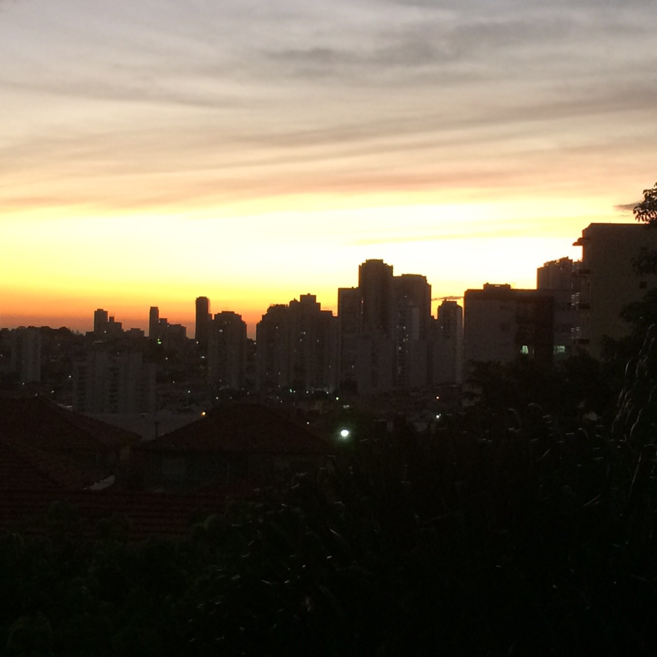 a large city skyline, illuminated by bright sunset