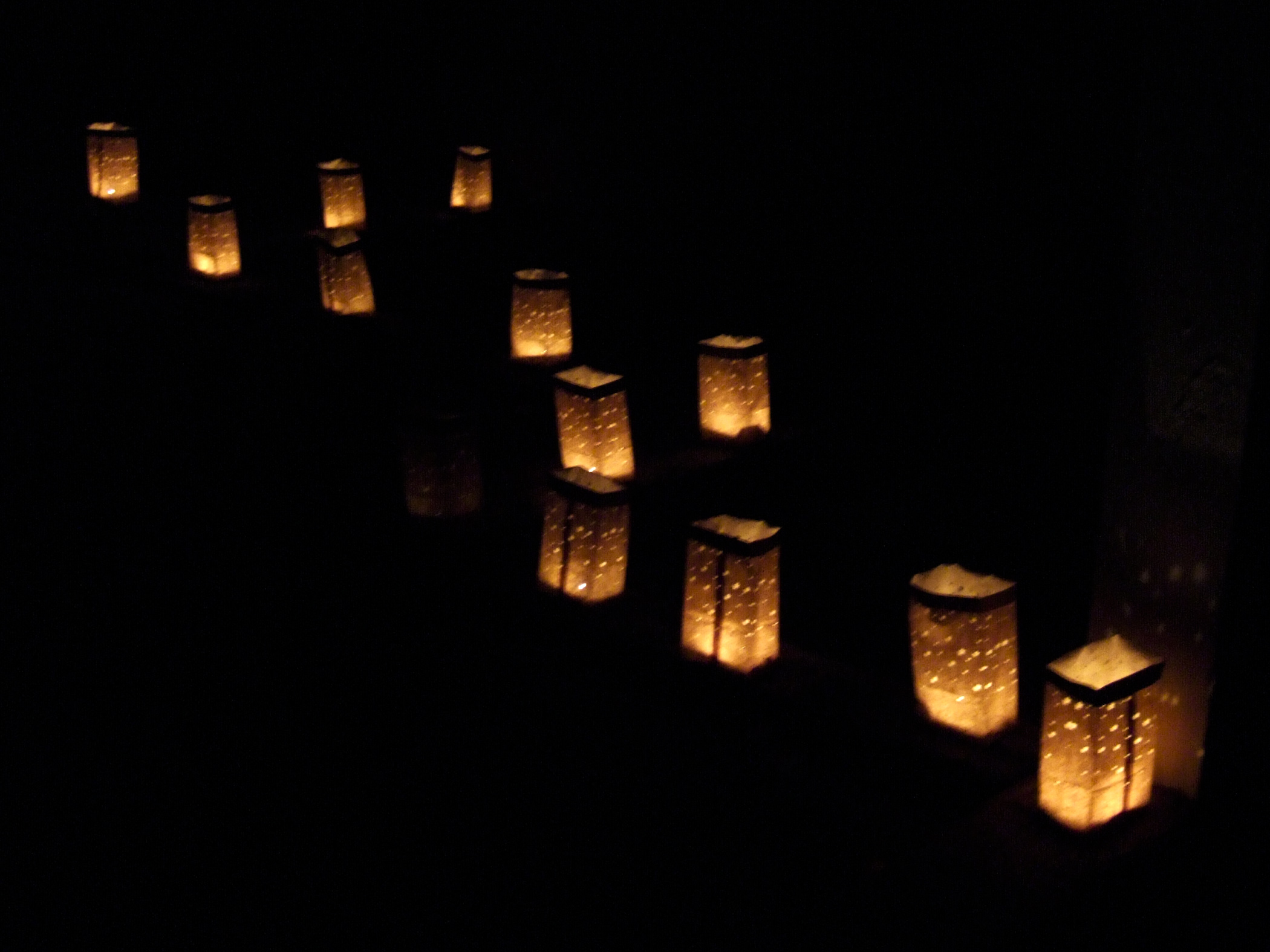 many paper lantern lights are lit in the dark