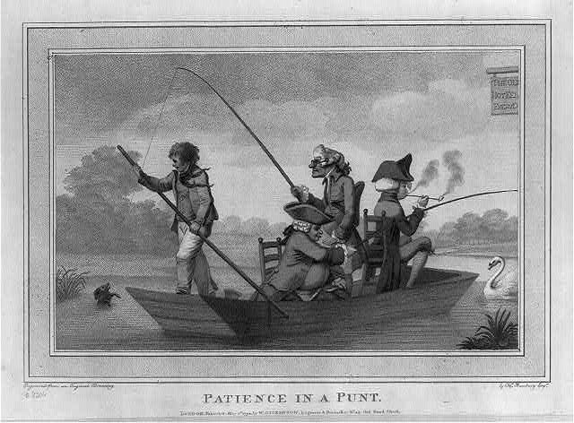 a cartoon depicts four men in a rowboat in which there is a fish on a hook