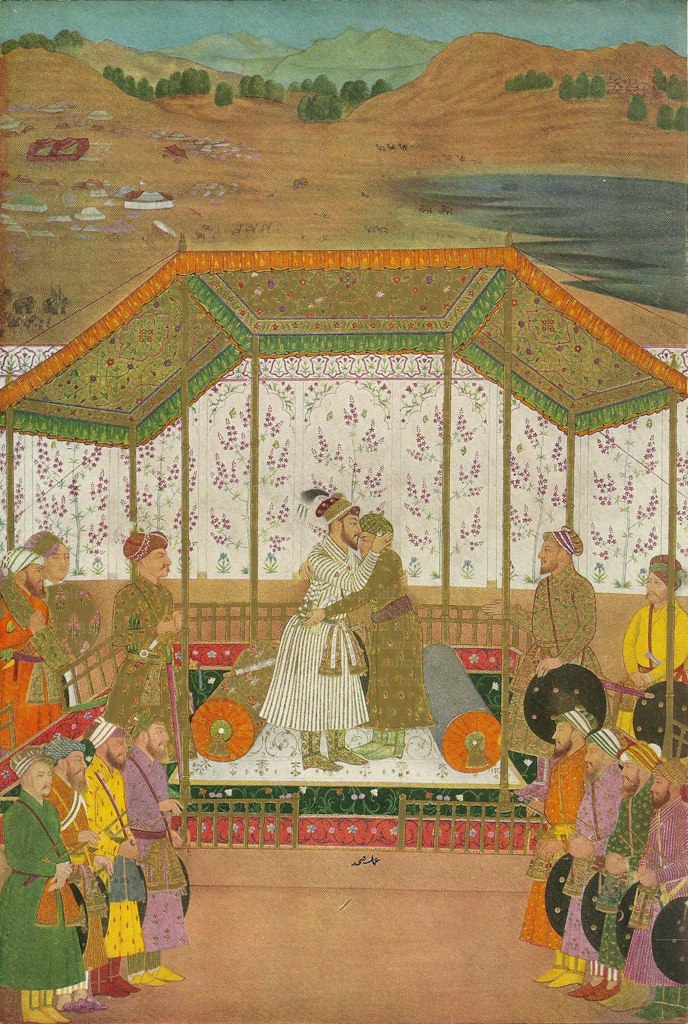 this painting depicts a man in a white turban being fed an orange apple by a group of people