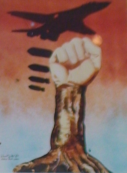 a painting that has a person holding up a fist