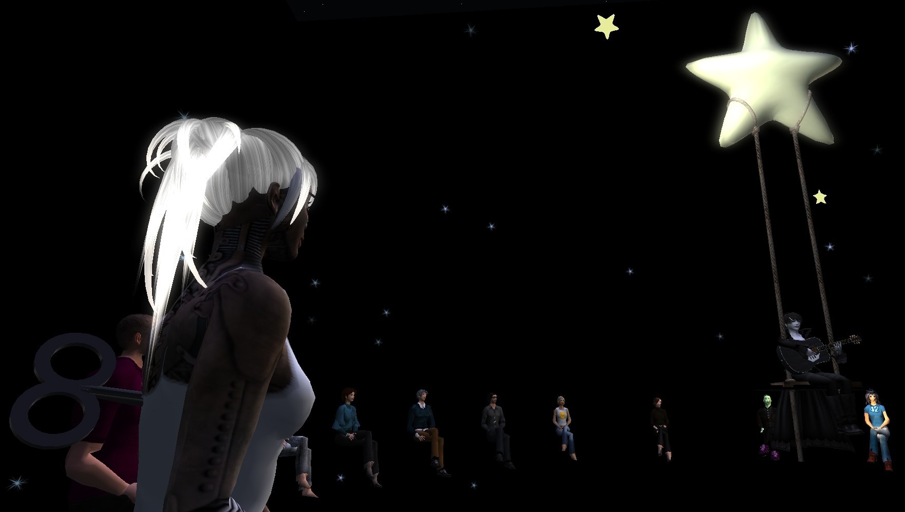 an animated woman with a white long hair, stands in front of a large star