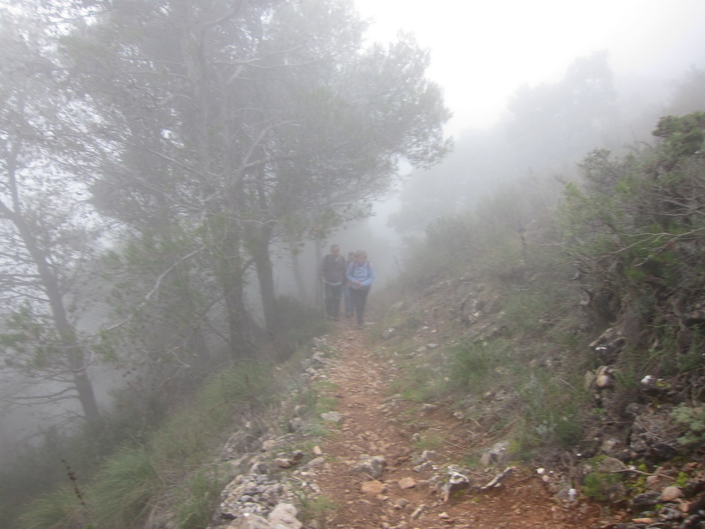 a man and woman hiking through dense fog on a trail