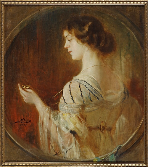 a portrait of a lady in a yellow dress