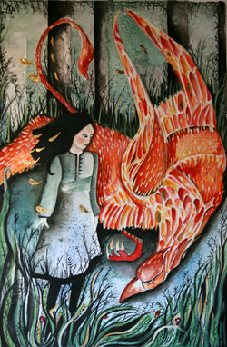an abstract painting depicting two red foxes and a girl with a fish