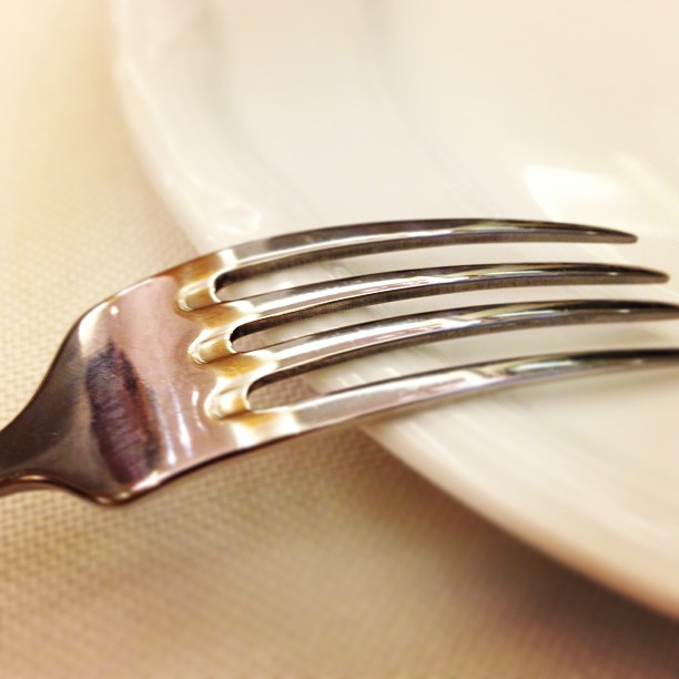 silver colored fork resting on white plate