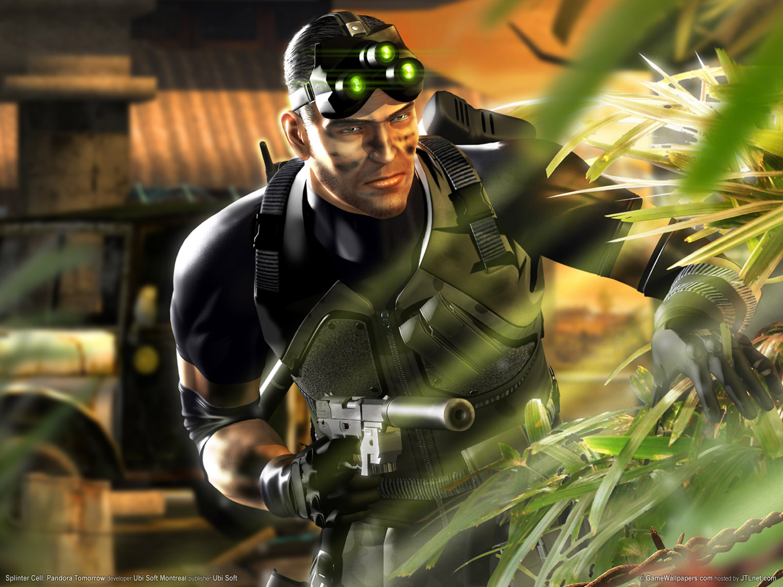 man with eye glasses and gun in jungle