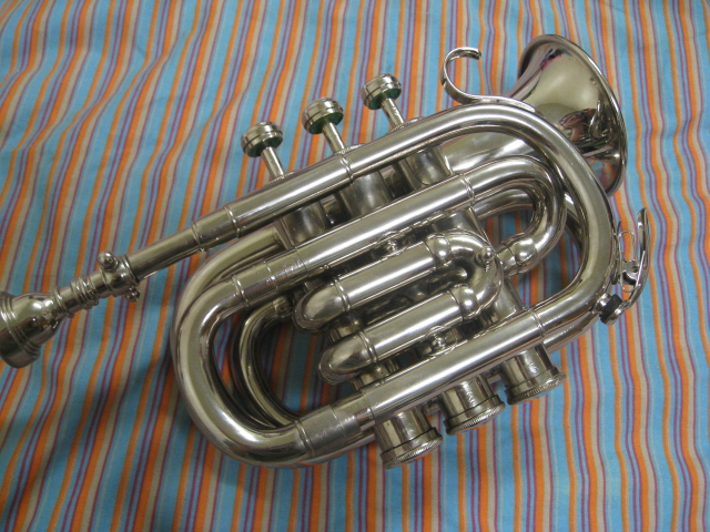an instrument in the foreground with eight bells and s on a striped fabric