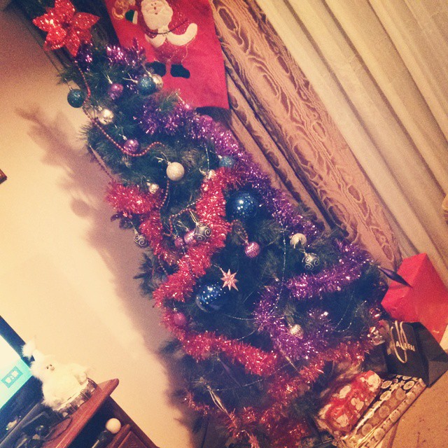 a decorated christmas tree is on the wall of a house