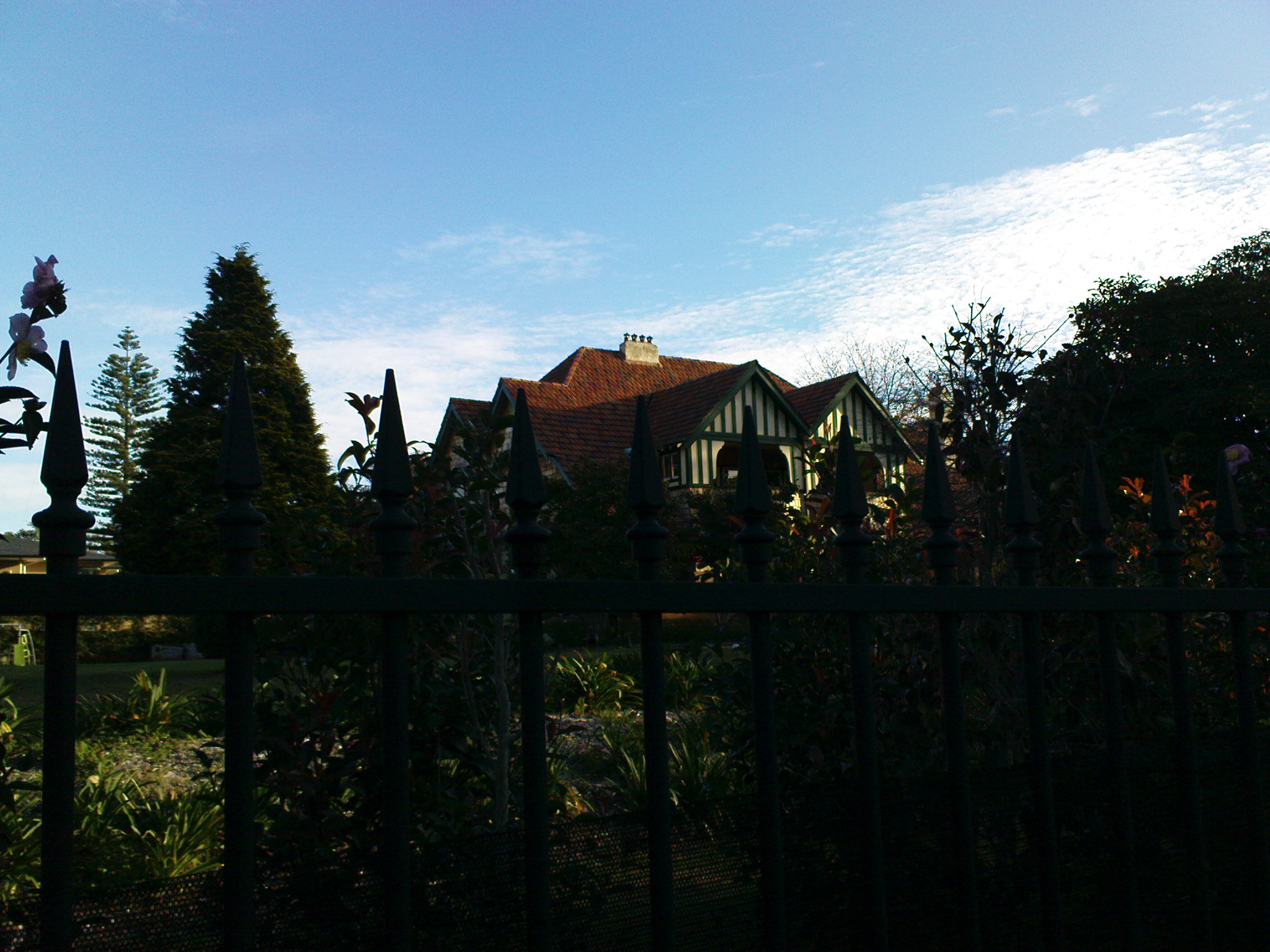 a po of an iron fence and a house