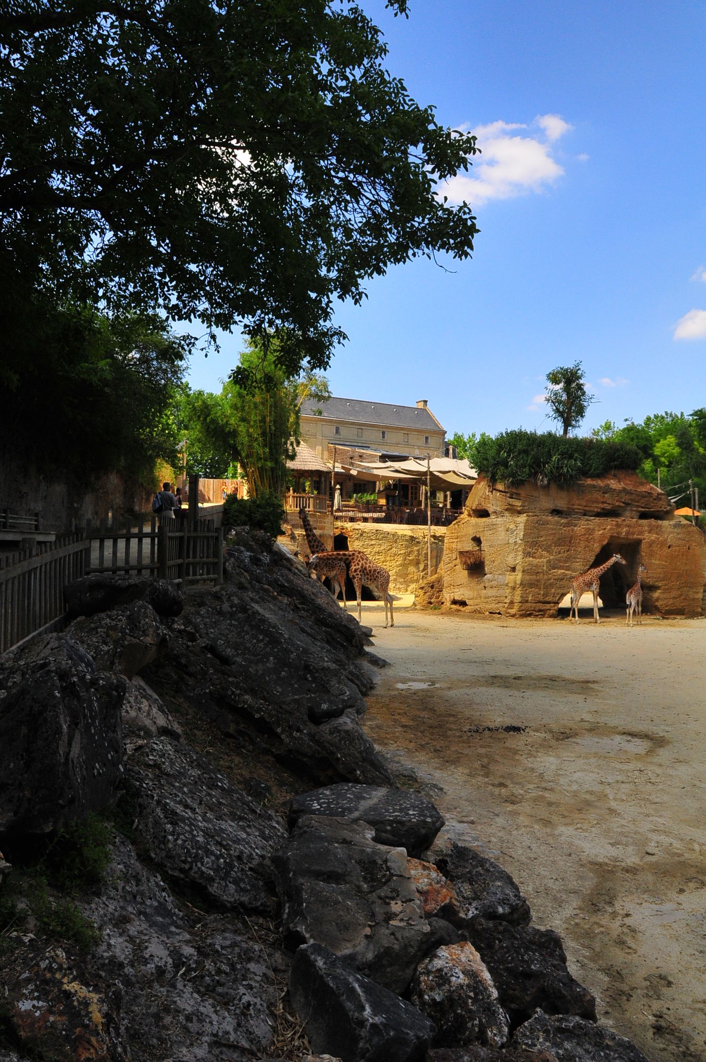 a stone bench sitting in a courtyard between some rocks