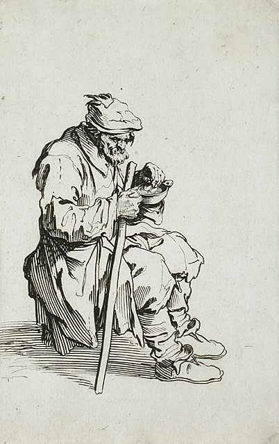an ink drawing of a man sitting on the ground with his dog
