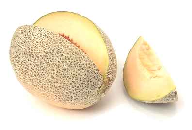 a cantaloupe with the  removed sitting in front of it