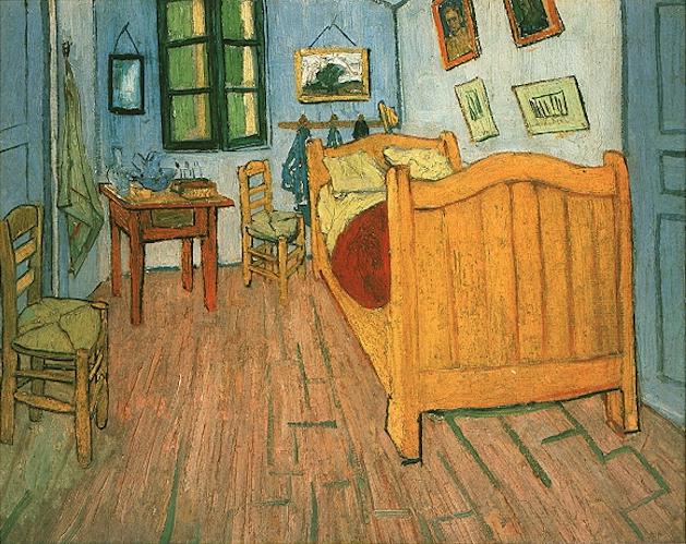 a bedroom is depicted with a bed, table, chairs and pictures on the walls