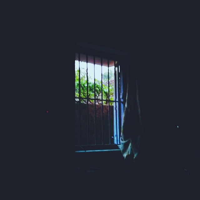 a gate is seen behind a curtain in the dark