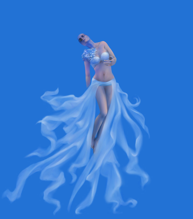 a woman in a white dress floating through the sky