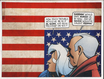 comic strip with an american flag behind a balding blonde man and woman