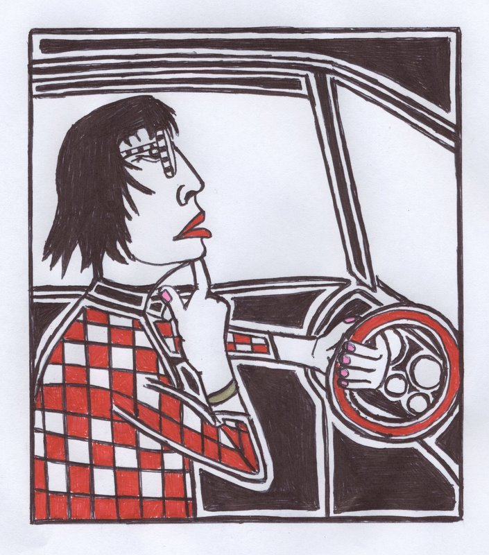 this drawing shows a woman driving her car, using a cell phone and reading the manual