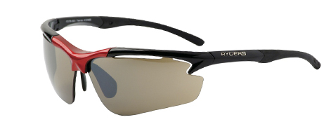 the sunglasses have red frames and a grey lens