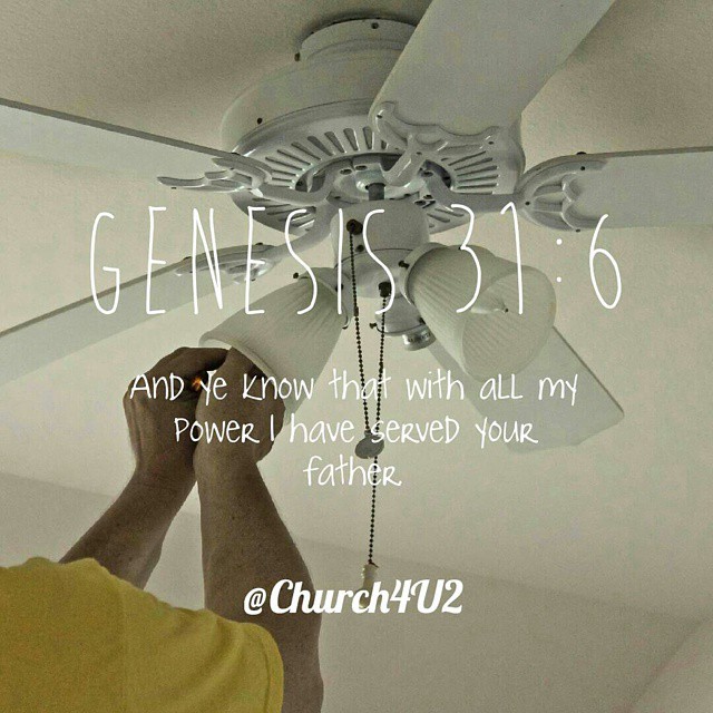 a man holds up a white ceiling fan that says, gens 51 6 and me know the truth with all my power i have served you father
