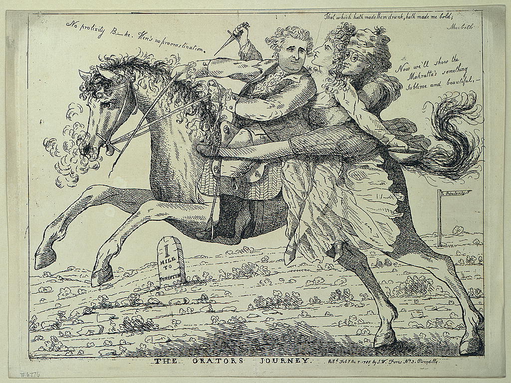 a engraving depicting two men fighting and one of them holding his horse