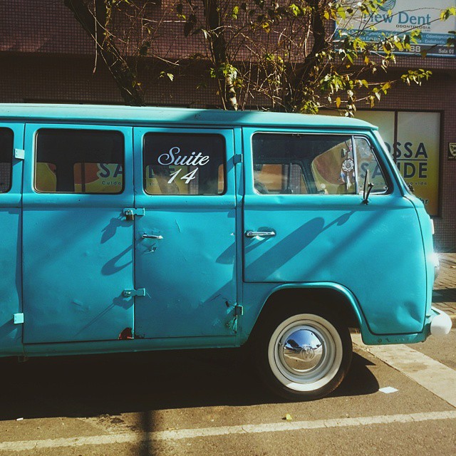 an old style van with a wedding sign on it
