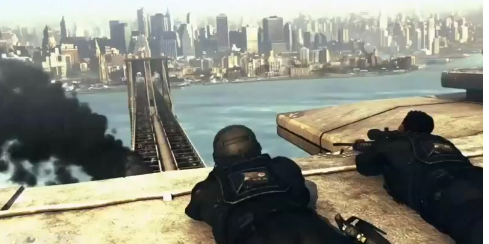 a video game screens with two soldiers standing on a ledge