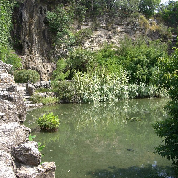 the pond is surrounded by rocks and water