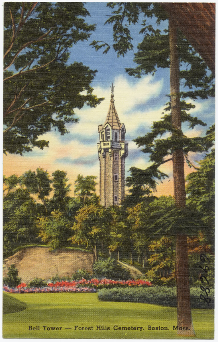 there is a tower near many trees in the park