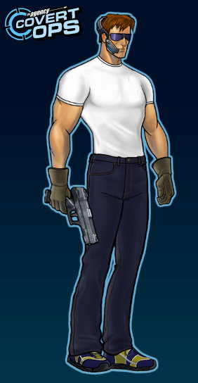 an adult male in white shirt and jeans holding a gun