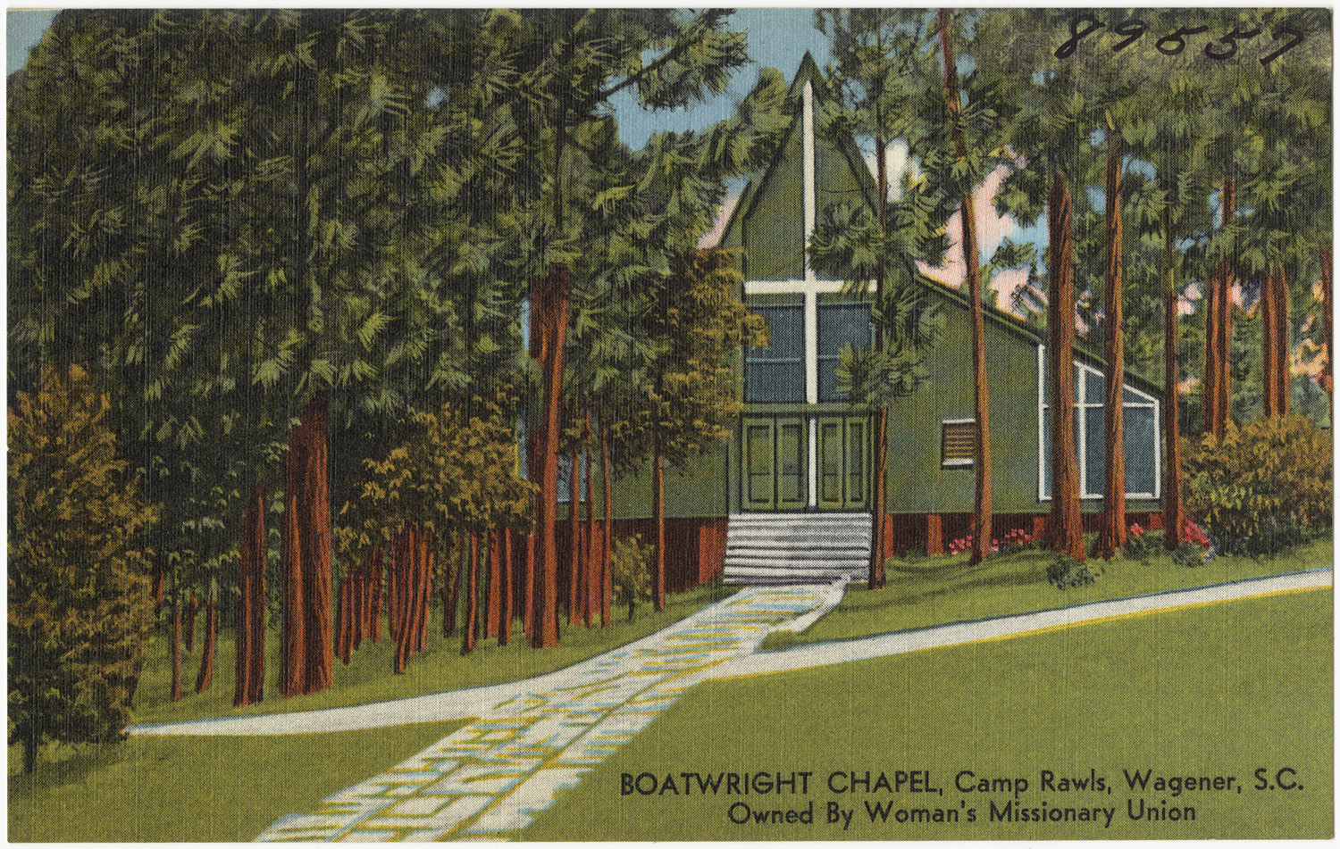 an illustration of a church with a road going through the front