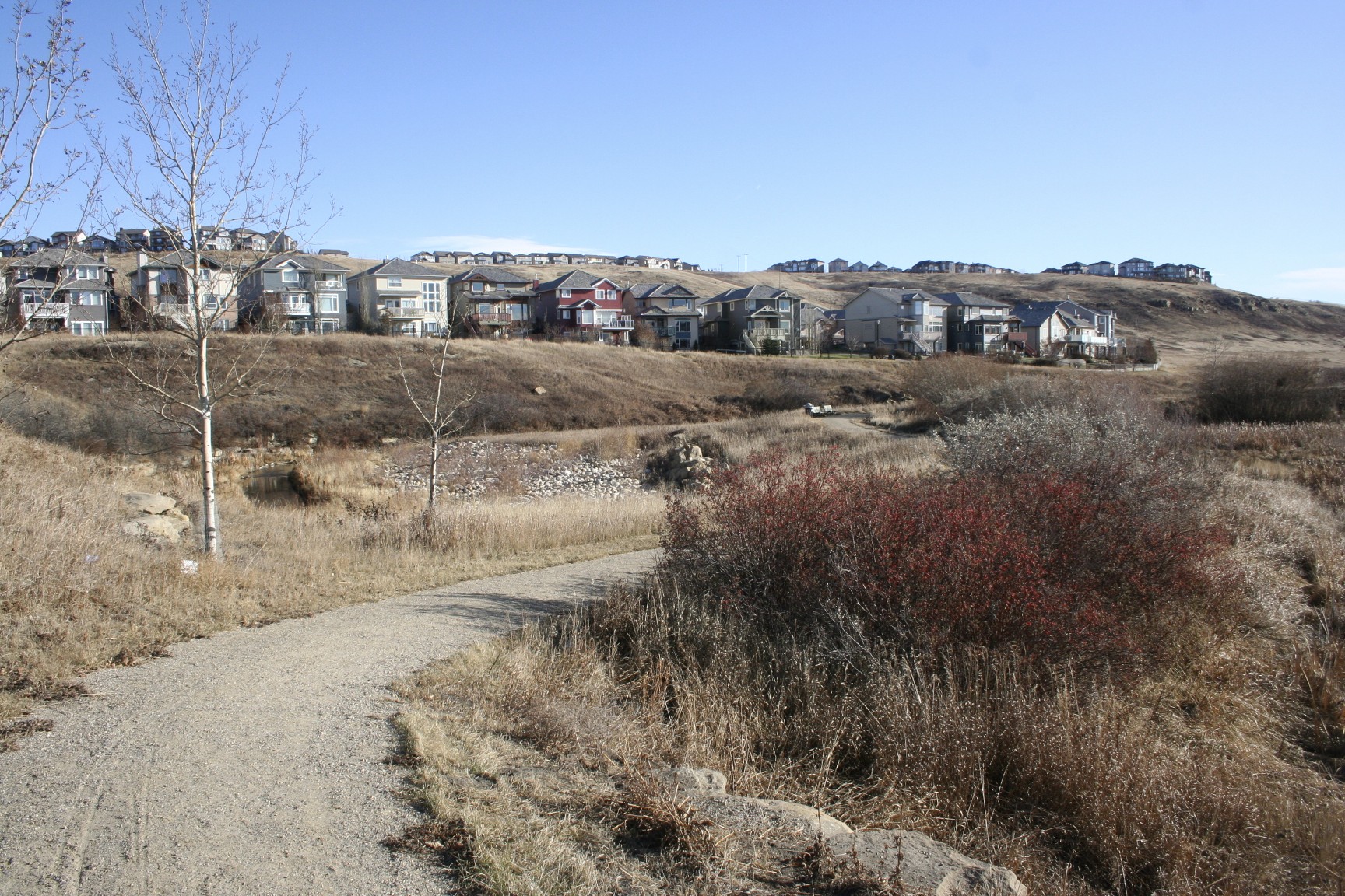 a dirt path going through an area with a group of homes on the horizon