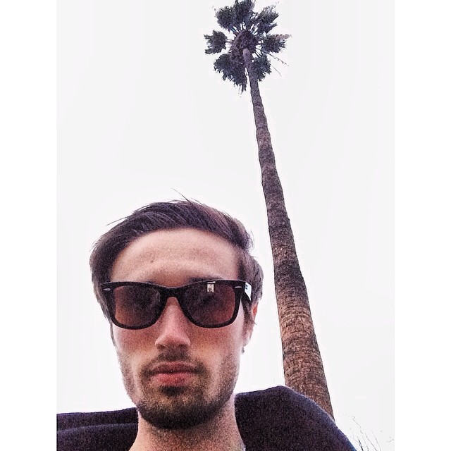 a man standing under a tall palm tree wearing sunglasses