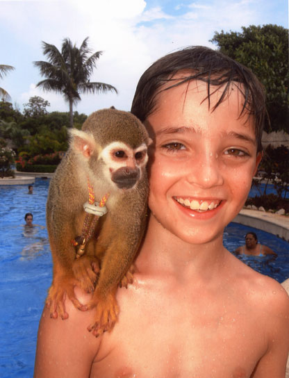 the  is holding a monkey that was sitting on his shoulders