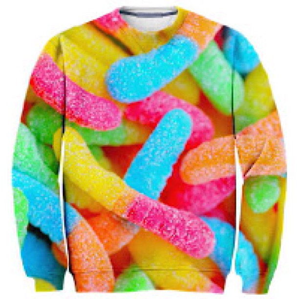 a colorful colored sweater with gummy bears on it