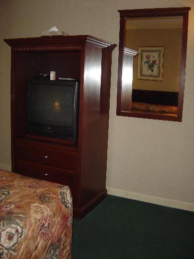 a bedroom has a small bed and dresser with a tv on it