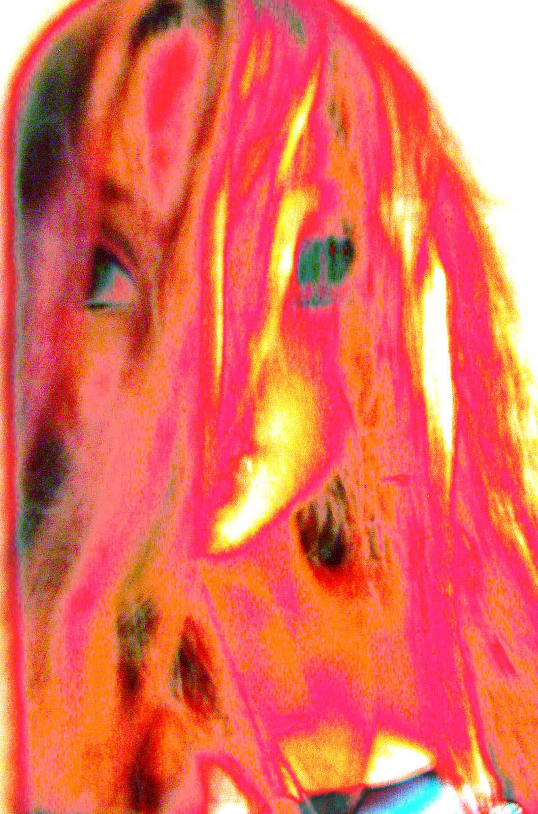 the image is distorted to reveal a long haired person