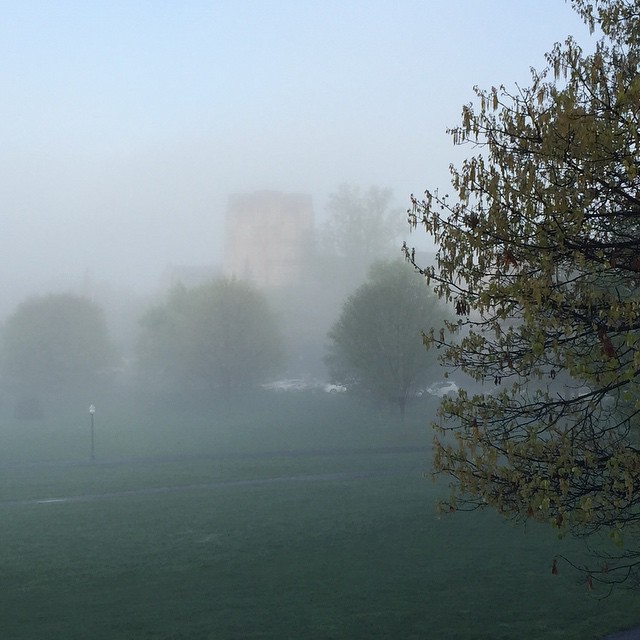 fog surrounds the building in an open field