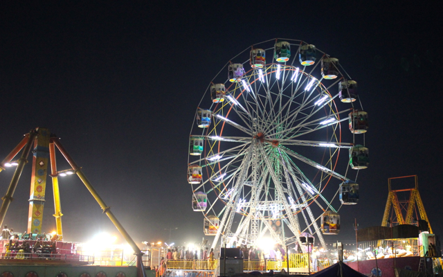 carnival rides lit up at night with lights