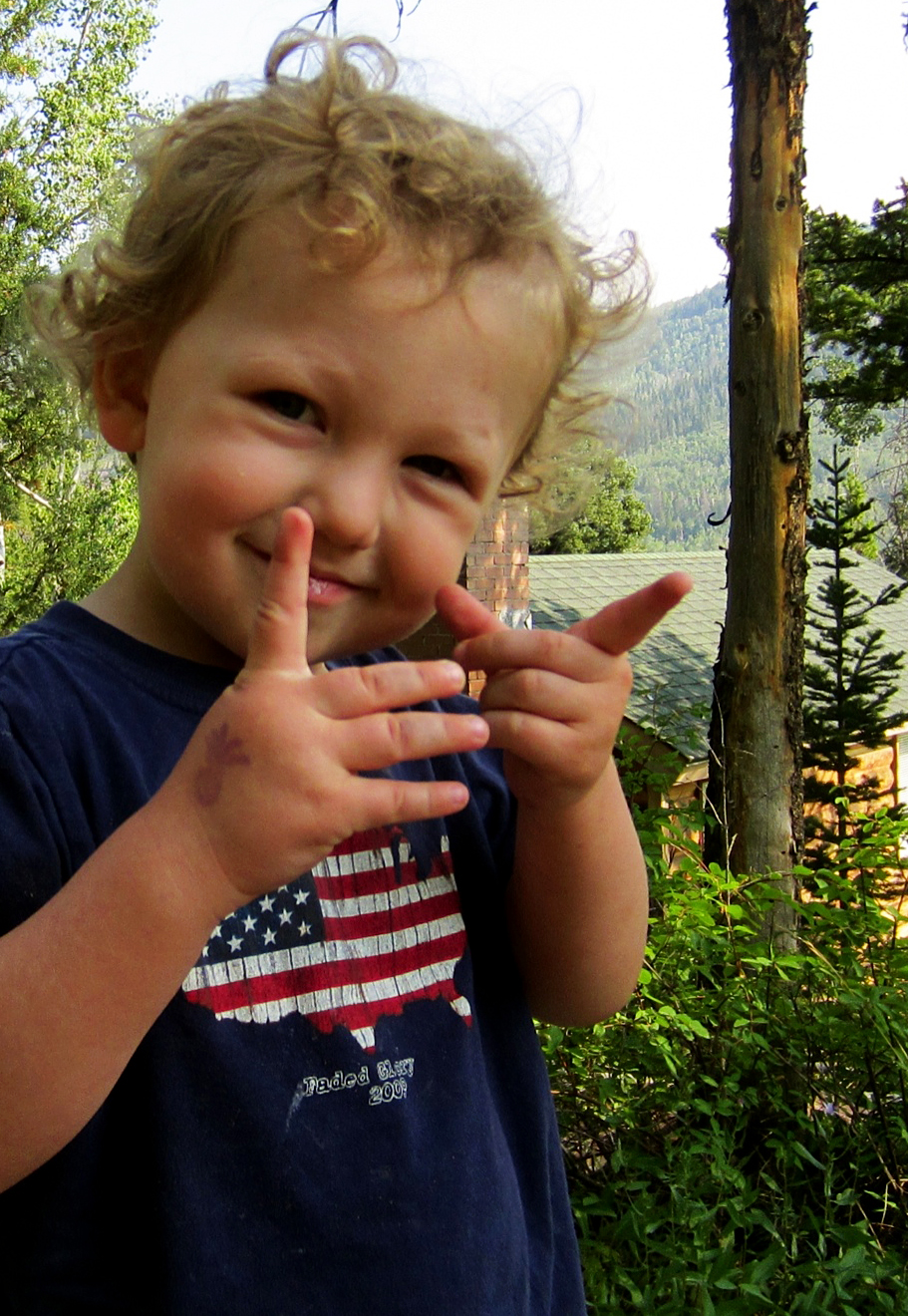 a small child making a peace sign with his hands