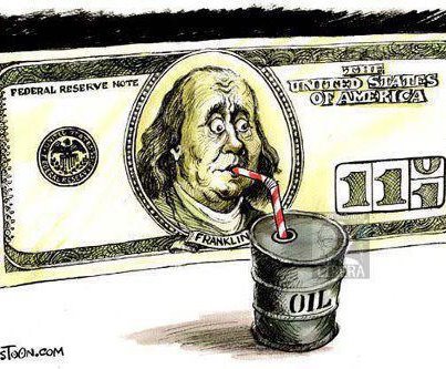 the cartoon drawing depicts a dollar with a cigarette in its mouth and an oil can with a red straw inside
