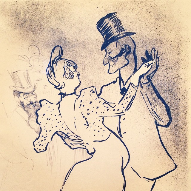 a drawing of an old couple in the midst of dance